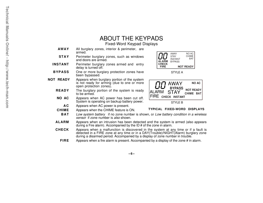 First Alert FA142C user manual Away, A Y, S T a N T, P a S S, Not Ready, No AC, Chime, Alarm, E C K, Fire 