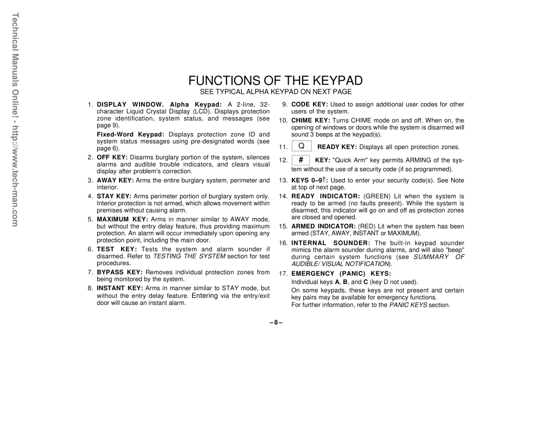 First Alert FA142C user manual Functions of the Keypad, See Typical Alpha Keypad on Next 