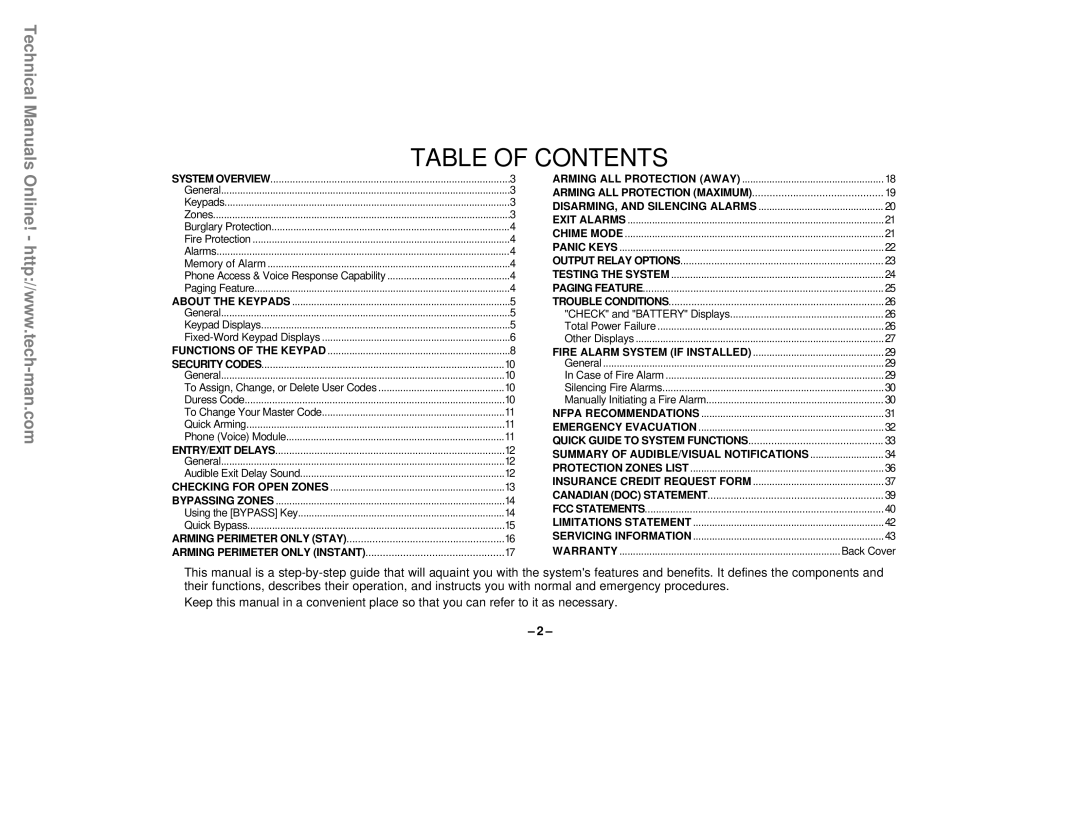 First Alert FA142C user manual Table Of Contents, Technical Manuals 