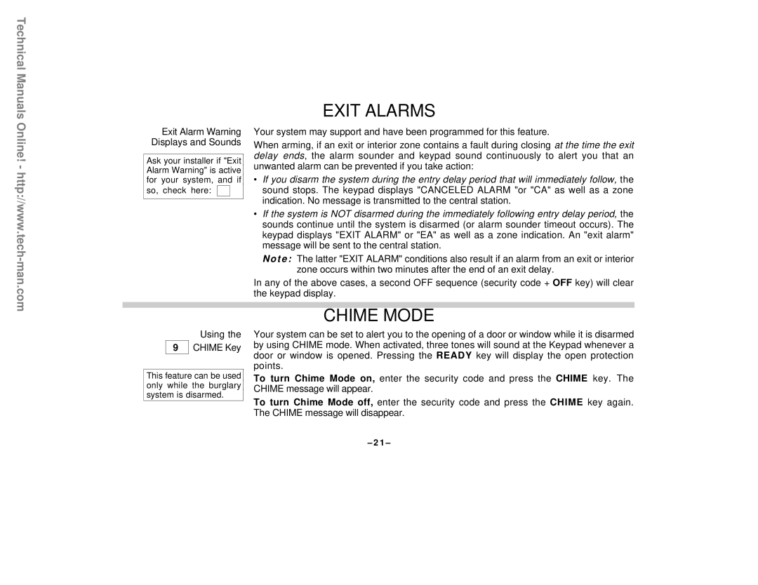 First Alert FA142C user manual Exit Alarms, Chime Mode 