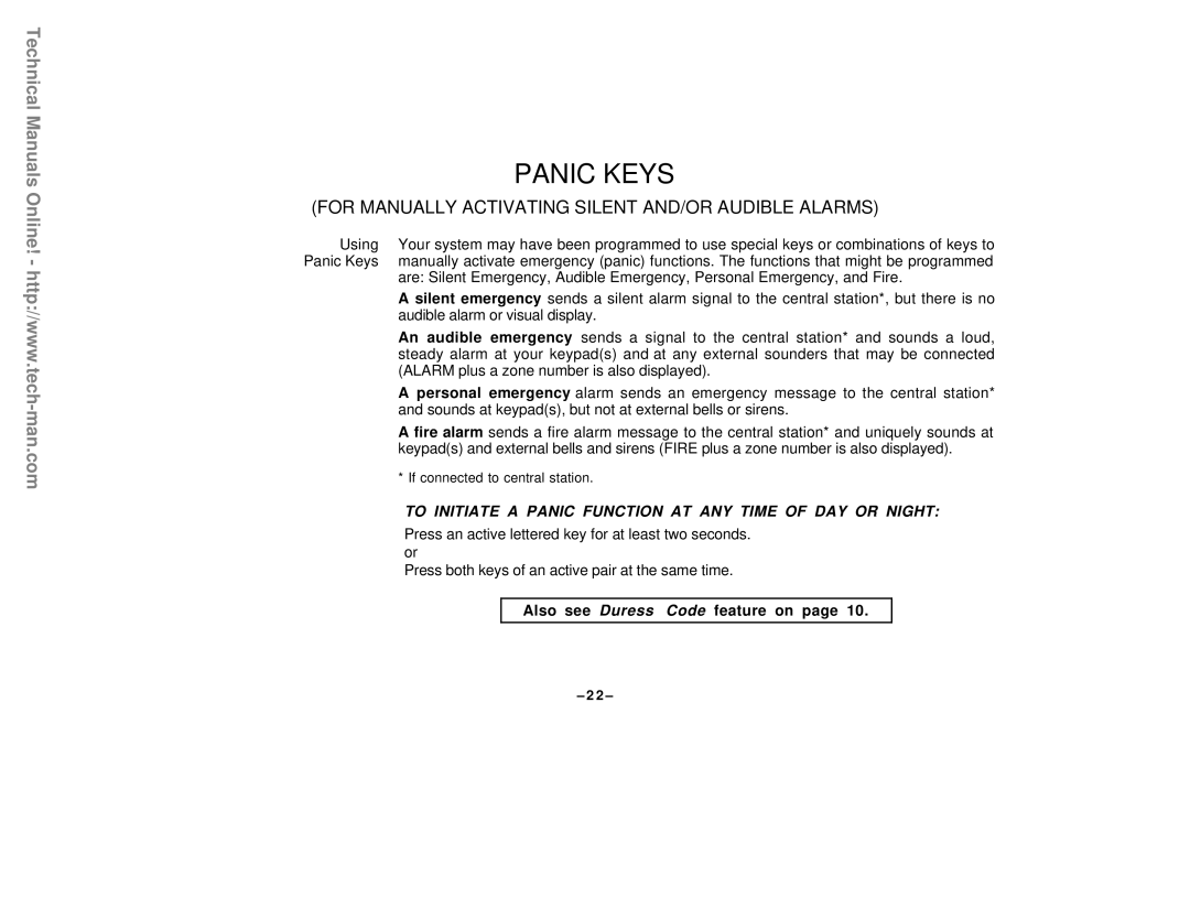 First Alert FA142C user manual Panic Keys, Also see Duress Code feature on page 