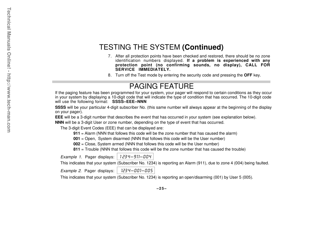First Alert FA142C user manual TESTING THE SYSTEM Continued, Paging Feature, Example 1. Pager displays 1 23 4 -9 11-00 4 Ê 
