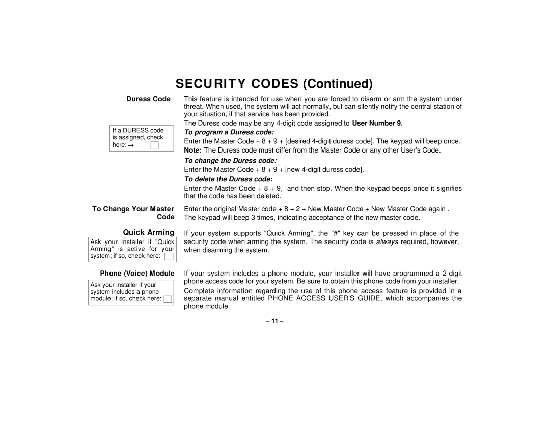 First Alert FA145C user manual Security Codes, Duress Code, To Change Your Master Code, Phone Voice Module 