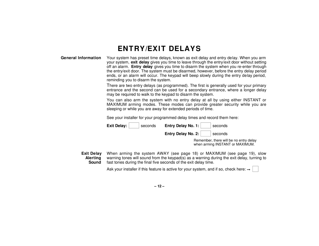 First Alert FA145C user manual ENTRY/EXIT Delays, Exit Delay Seconds Entry Delay No 