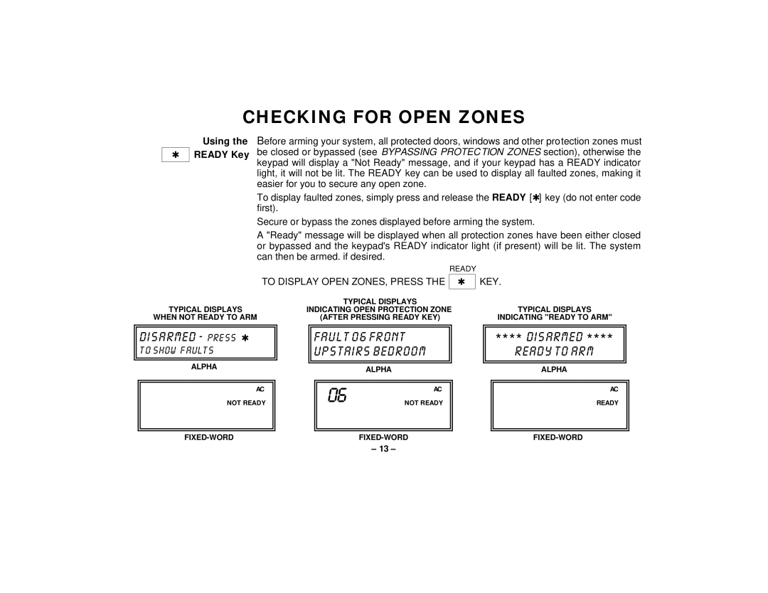 First Alert FA145C user manual Checking for Open Zones, Using the Ready Key, To Display Open ZONES, Press 