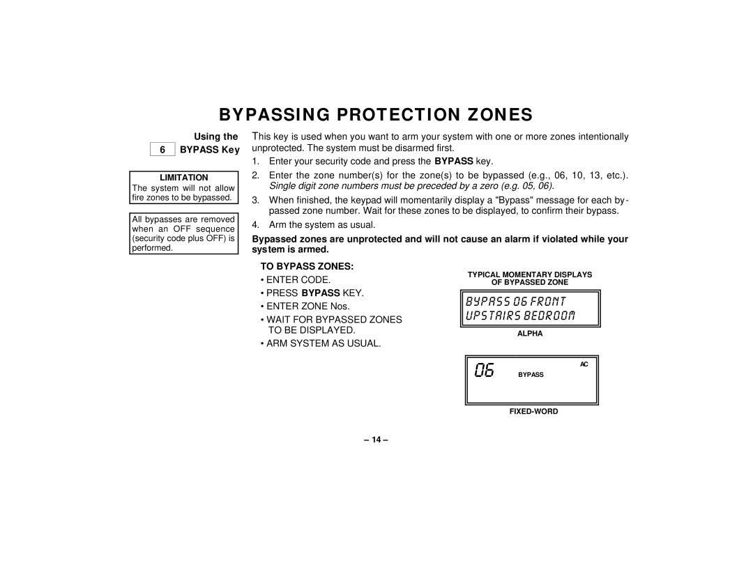 First Alert FA145C user manual Bypassing Protection Zones, Using Bypass Key, To Bypass Zones 