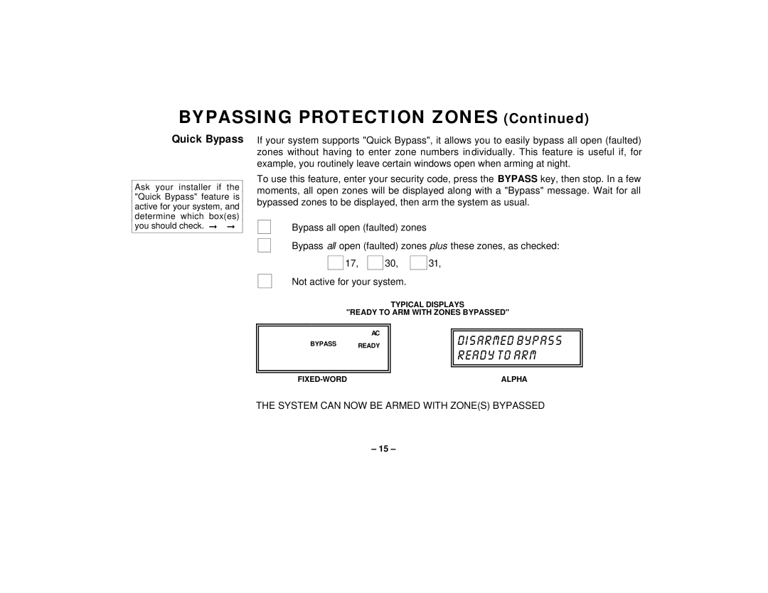 First Alert FA145C user manual Bypassing Protection Zones, Quick Bypass 