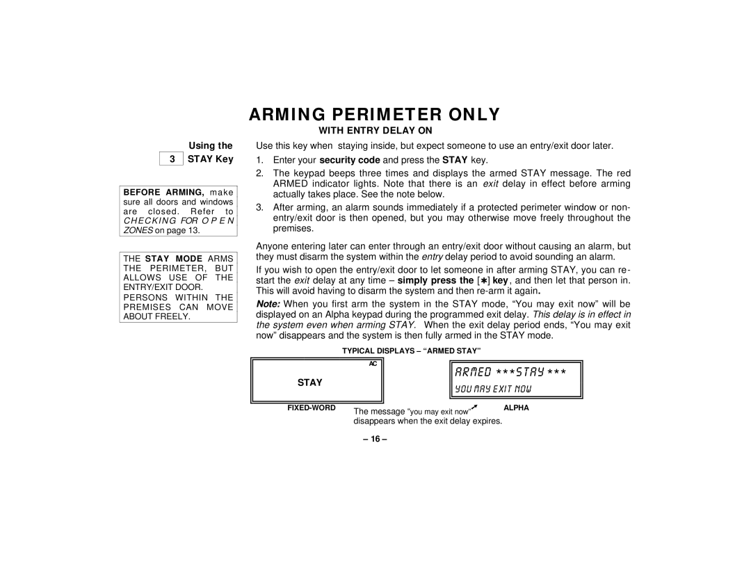 First Alert FA145C user manual Arming Perimeter only, Using Stay Key 