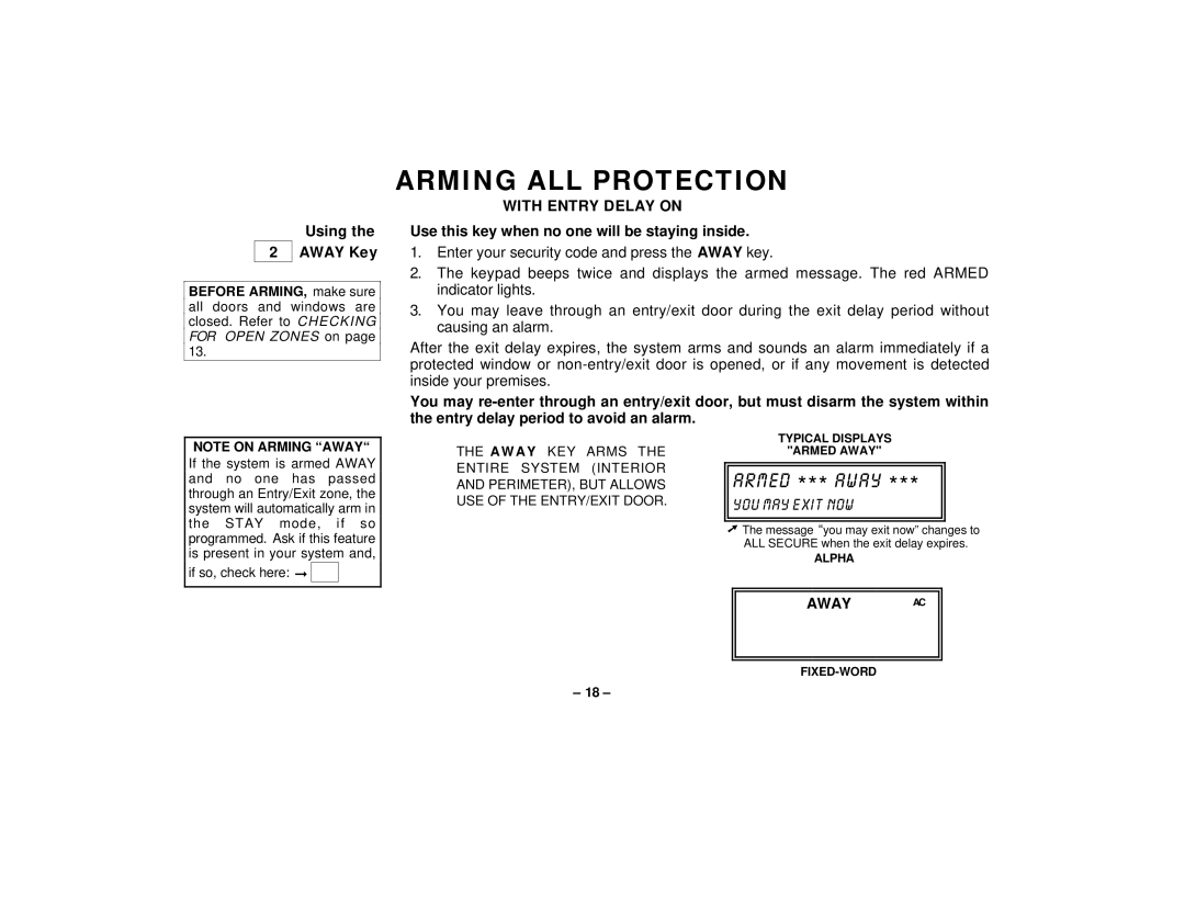 First Alert FA145C user manual Arming ALL Protection, Using Away Key, Use this key when no one will be staying inside 