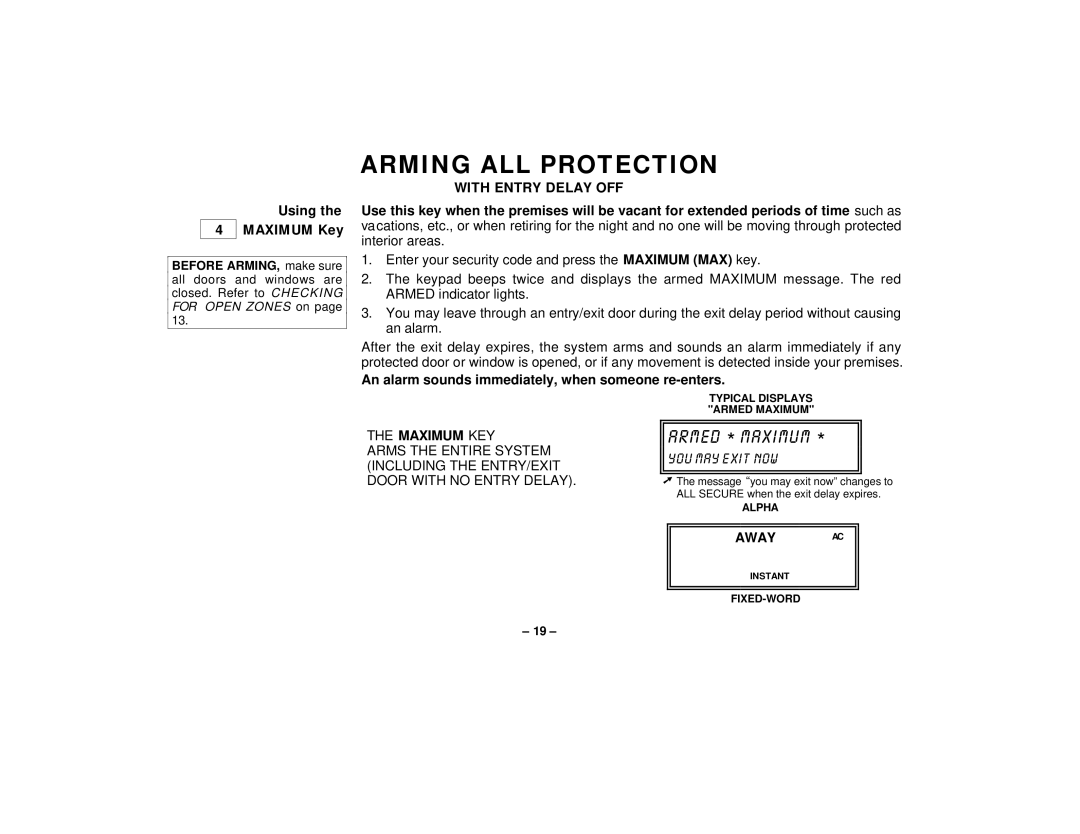 First Alert FA145C user manual Using Maximum Key, An alarm sounds immediately, when someone re-enters, Maximum KEY, Away AC 