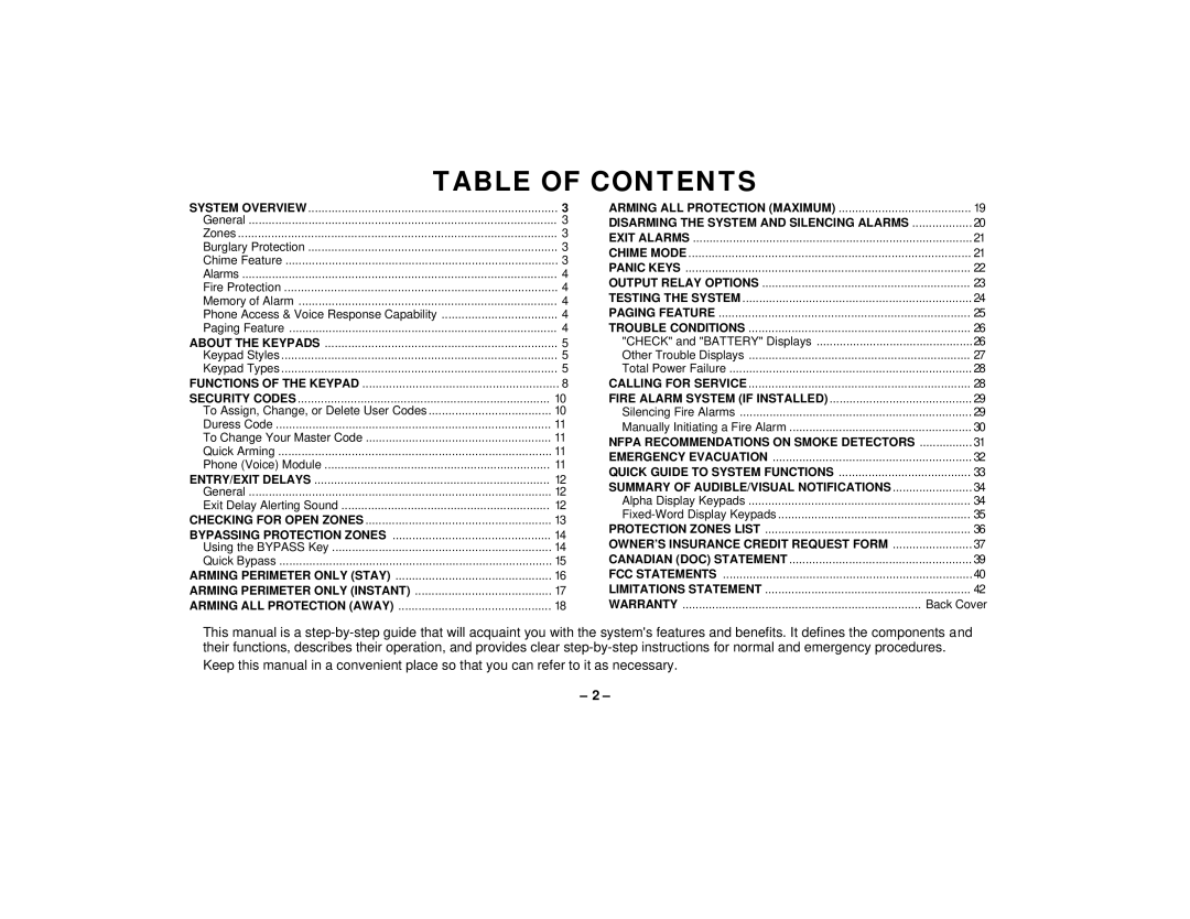 First Alert FA145C user manual Table of Contents 