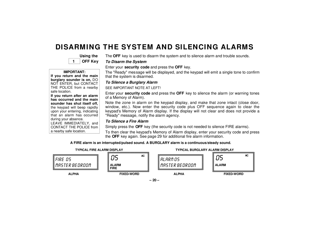 First Alert FA145C user manual Disarming the System and Silencing Alarms, Using OFF Key 