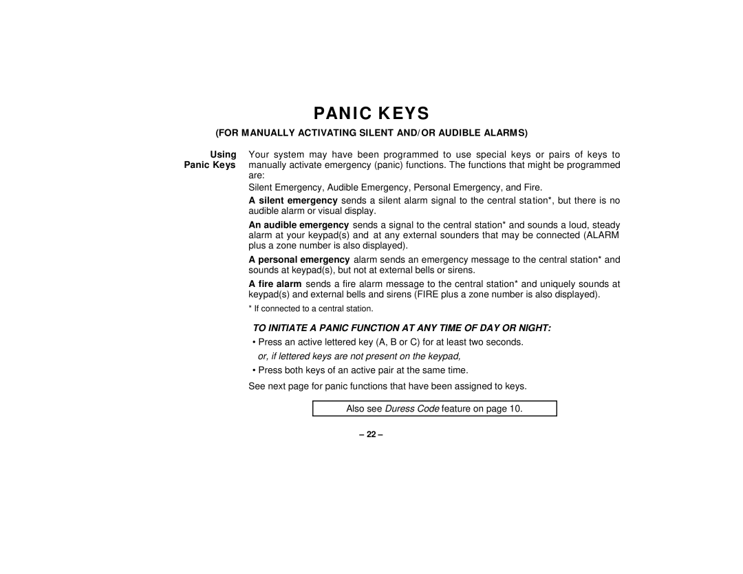 First Alert FA145C user manual Panic Keys, For Manually Activating Silent AND/OR Audible Alarms 