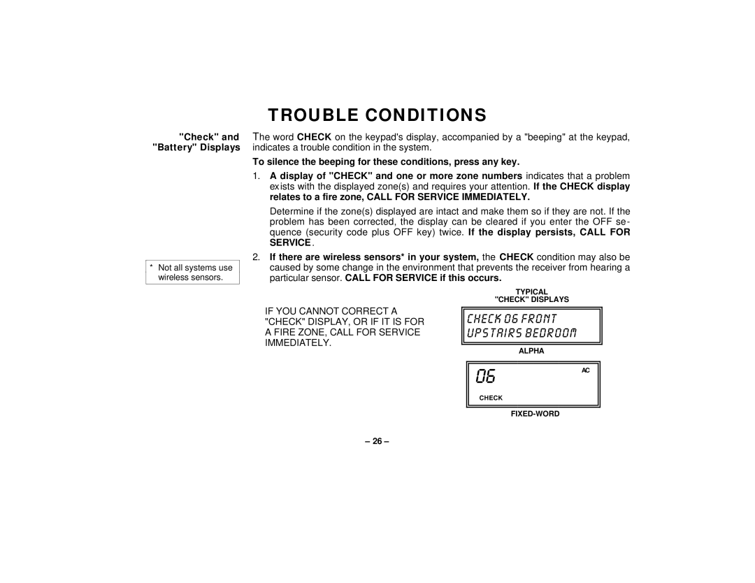 First Alert FA145C user manual Trouble Conditions, Check and Battery Displays 