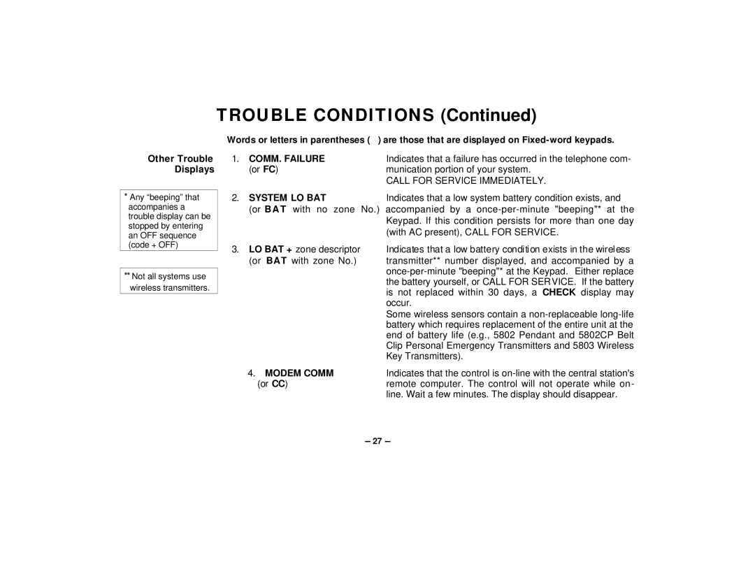 First Alert FA145C user manual Trouble Conditions, Other Trouble Displays, COMM. Failure, System LO BAT, Modem Comm 