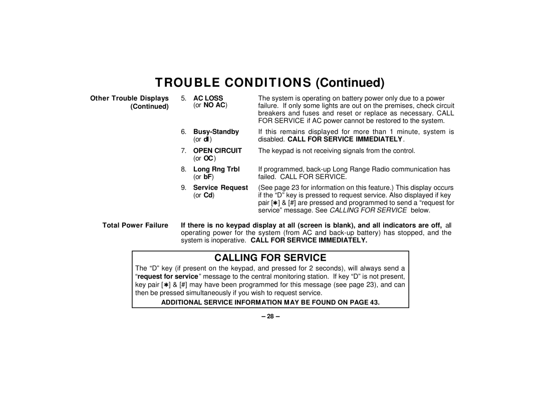 First Alert FA145C user manual AC Loss, Disabled. Call for Service Immediately 