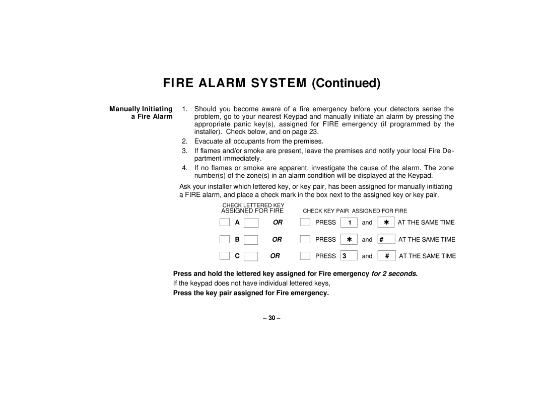 First Alert FA145C user manual Fire Alarm System, Manually Initiating, Press the key pair assigned for Fire emergency 