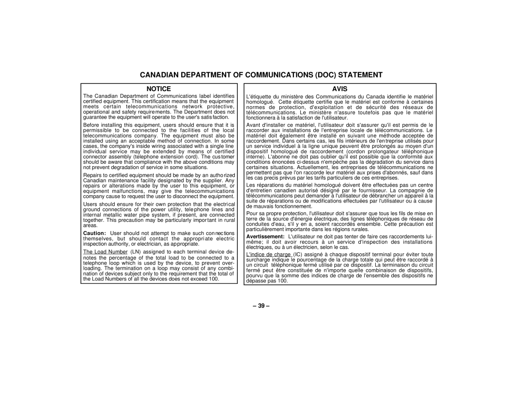 First Alert FA145C user manual Canadian Department of Communications DOC Statement, Avis 