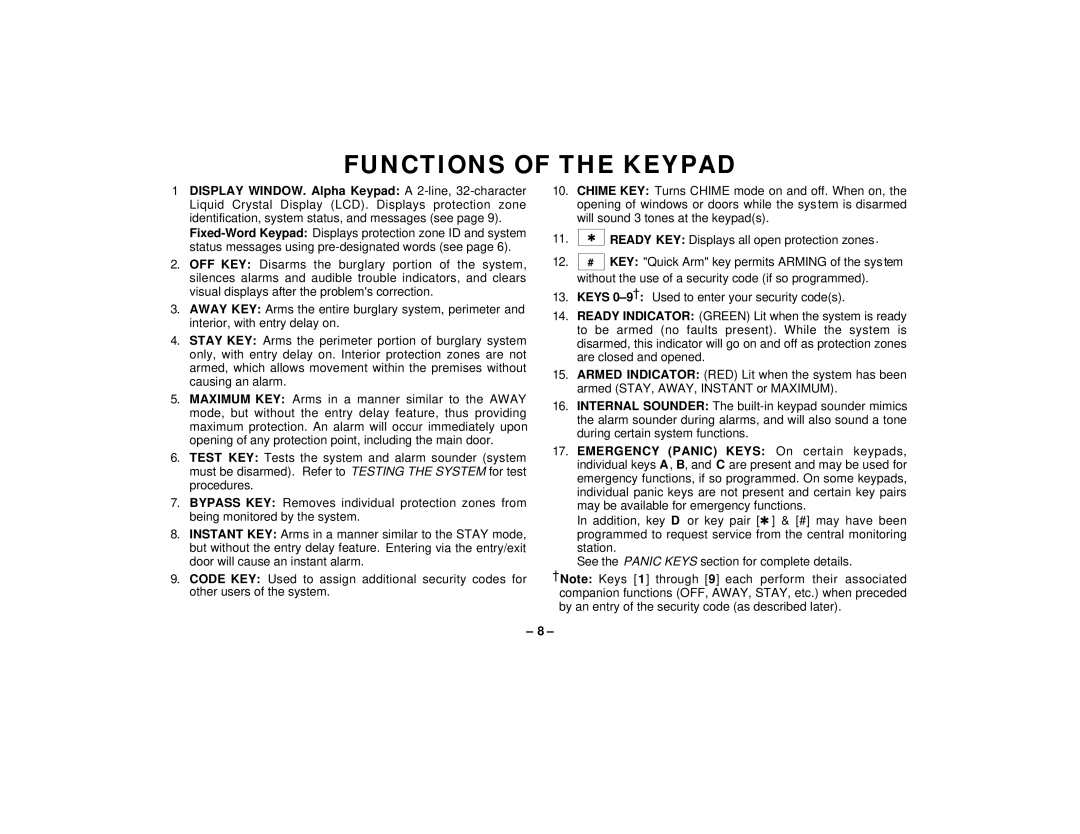 First Alert FA145C user manual Functions of the Keypad 