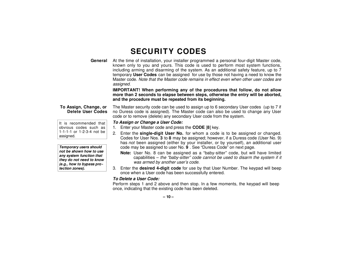 First Alert FA145C Security Codes, General To Assign, Change, or Delete User Codes, To Assign or Change a User Code 