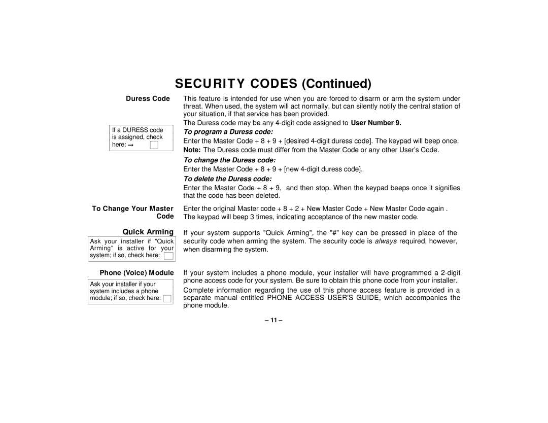 First Alert FA145C SECURITY CODES Continued, Quick Arming, Duress Code, To Change Your Master Code, Phone Voice Module 