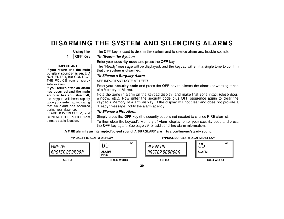 First Alert FA145C user manual Disarming The System And Silencing Alarms, Fire Master Bedroom, Using the 1OFF Key, Ê05 AC 