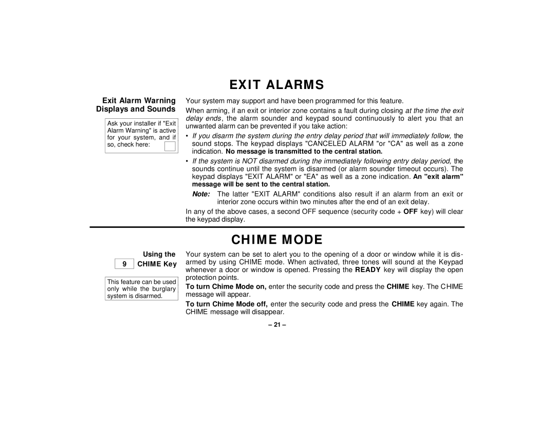 First Alert FA145C user manual Exit Alarms, Chime Mode, Exit Alarm Warning Displays and Sounds, Using the 9CHIME Key 