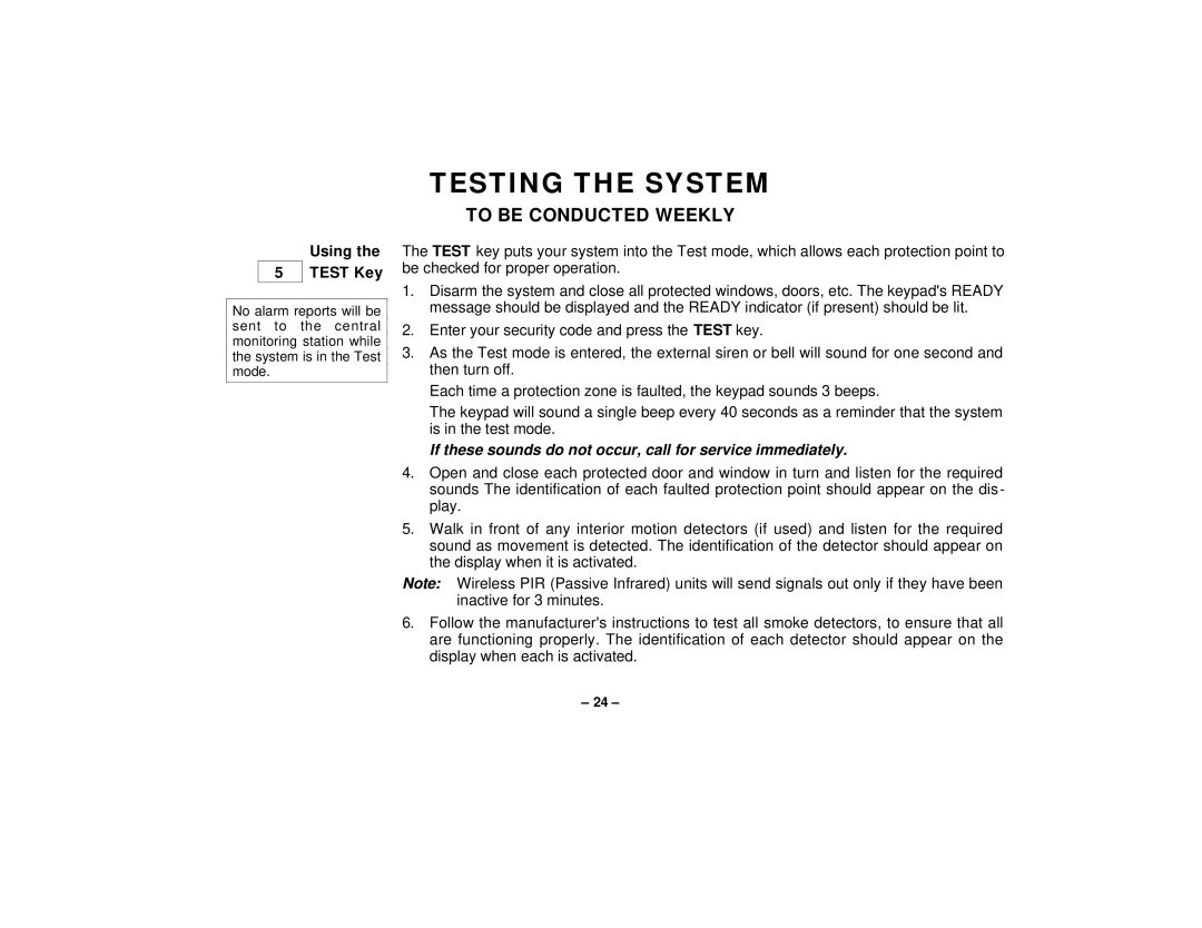 First Alert FA145C user manual Testing The System, To Be Conducted Weekly, Using the 5TEST Key 