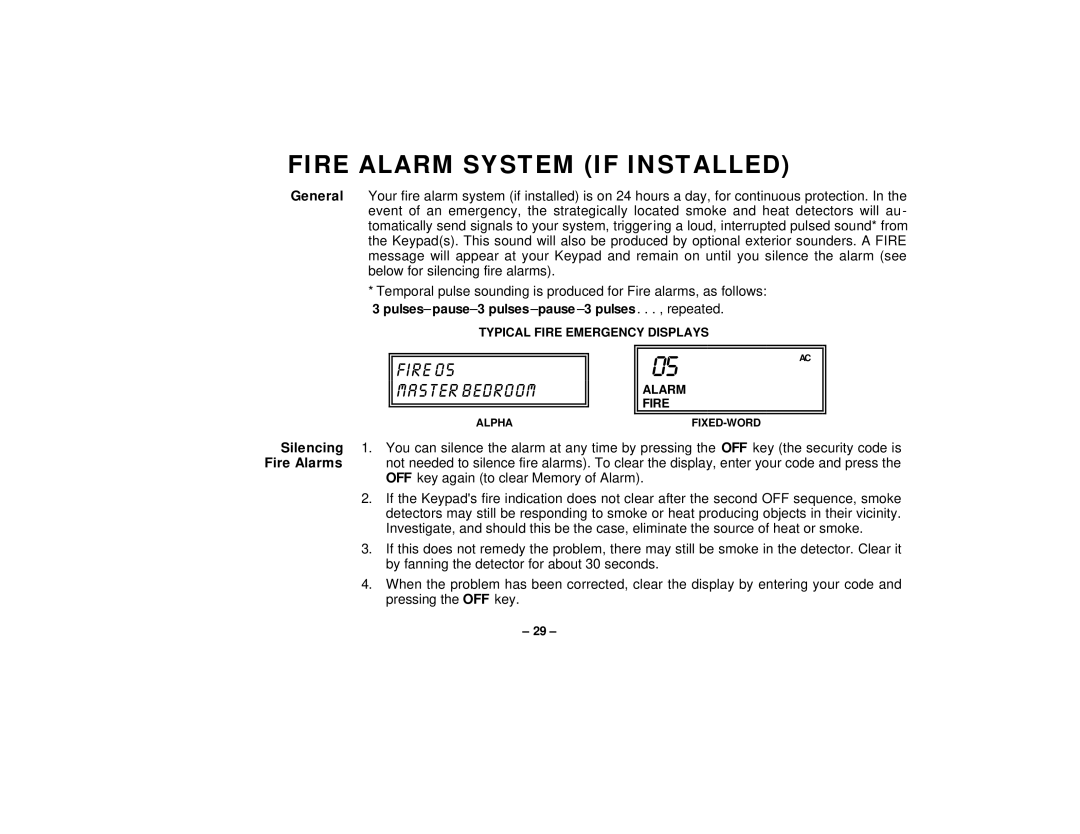 First Alert FA145C user manual 05 AC, Fire Alarm System If Installed, Fire Master Bedroom 