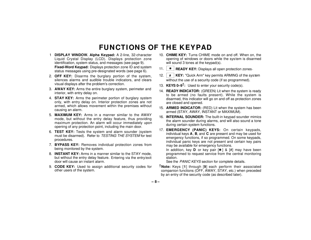 First Alert FA145C user manual Functions Of The Keypad 