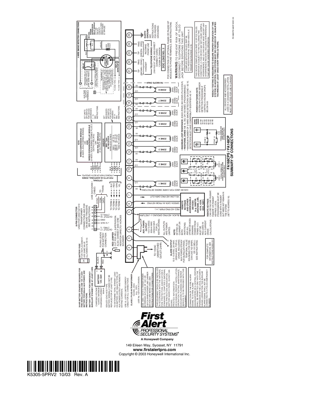 First Alert FA148CP, FA168CPS manual ¬.3594l K5305-5PRV2 10/03 Rev. a, Inc 