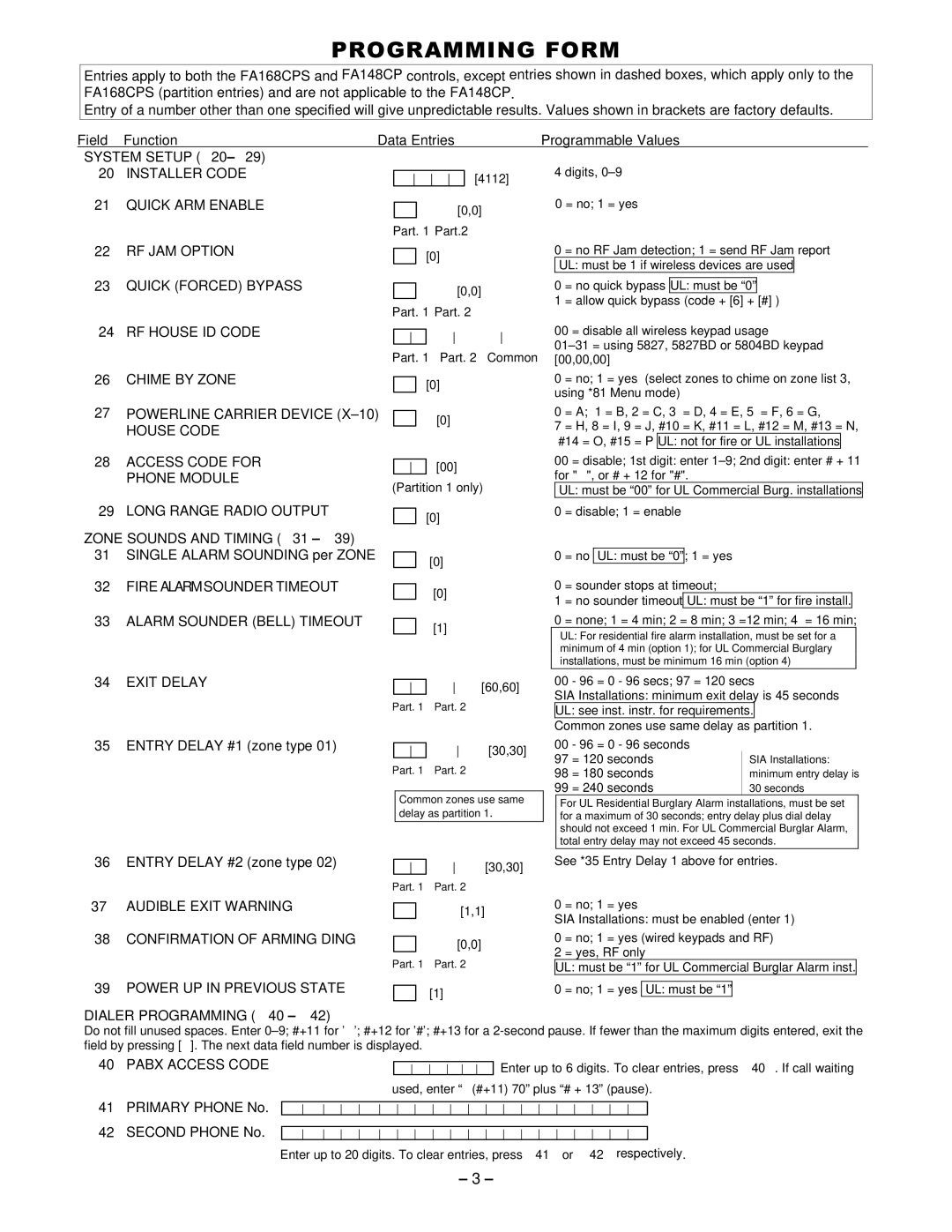 First Alert FA168CPS Installer Code, Quick ARM Enable, RF JAM Option, Zone Sounds and Timing 31, Dialer Programming 40 