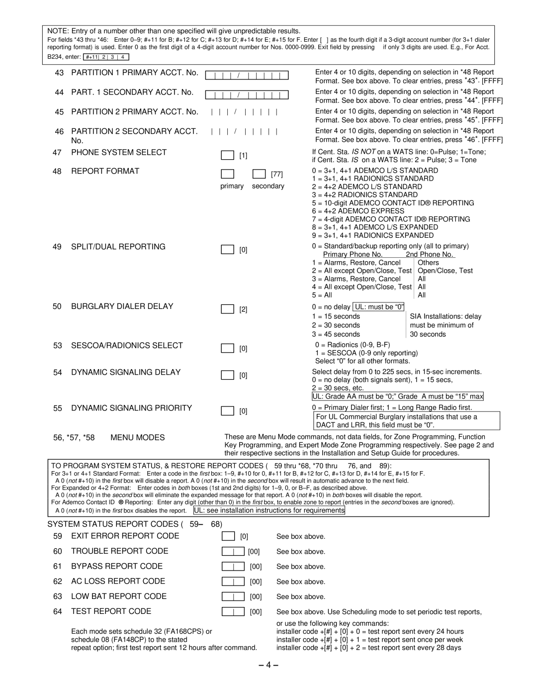 First Alert FA148CP, FA168CPS manual 56, *57, *58 Menu Modes, System Status Report Codes, Primary Phone No 