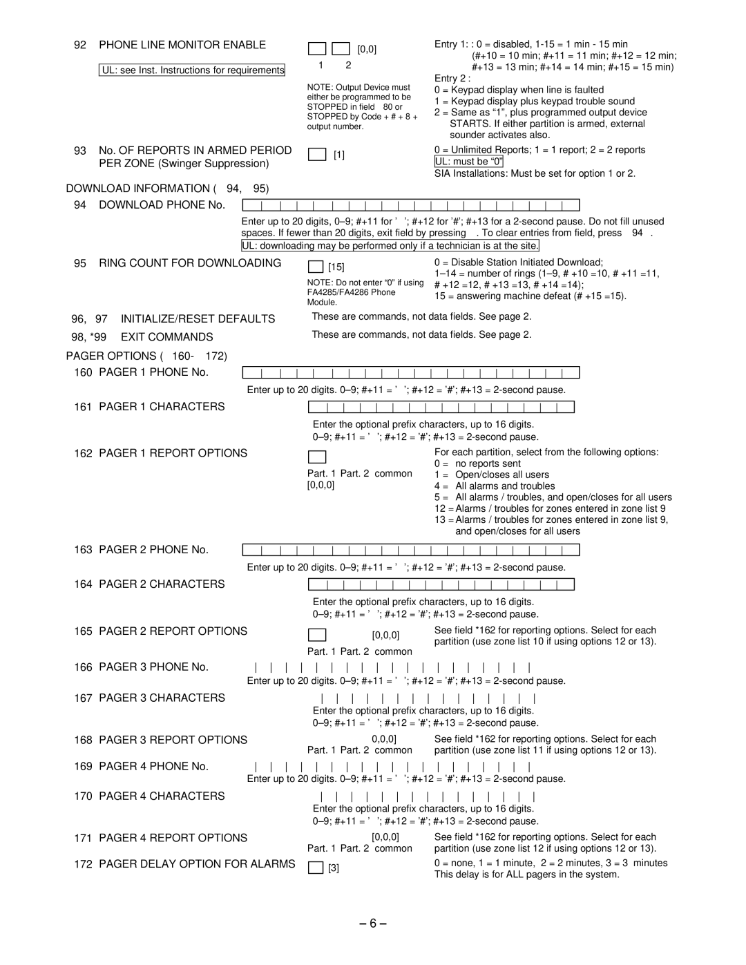 First Alert FA148CP, FA168CPS manual Download Information 94, Pager Options 160, 167, 169 