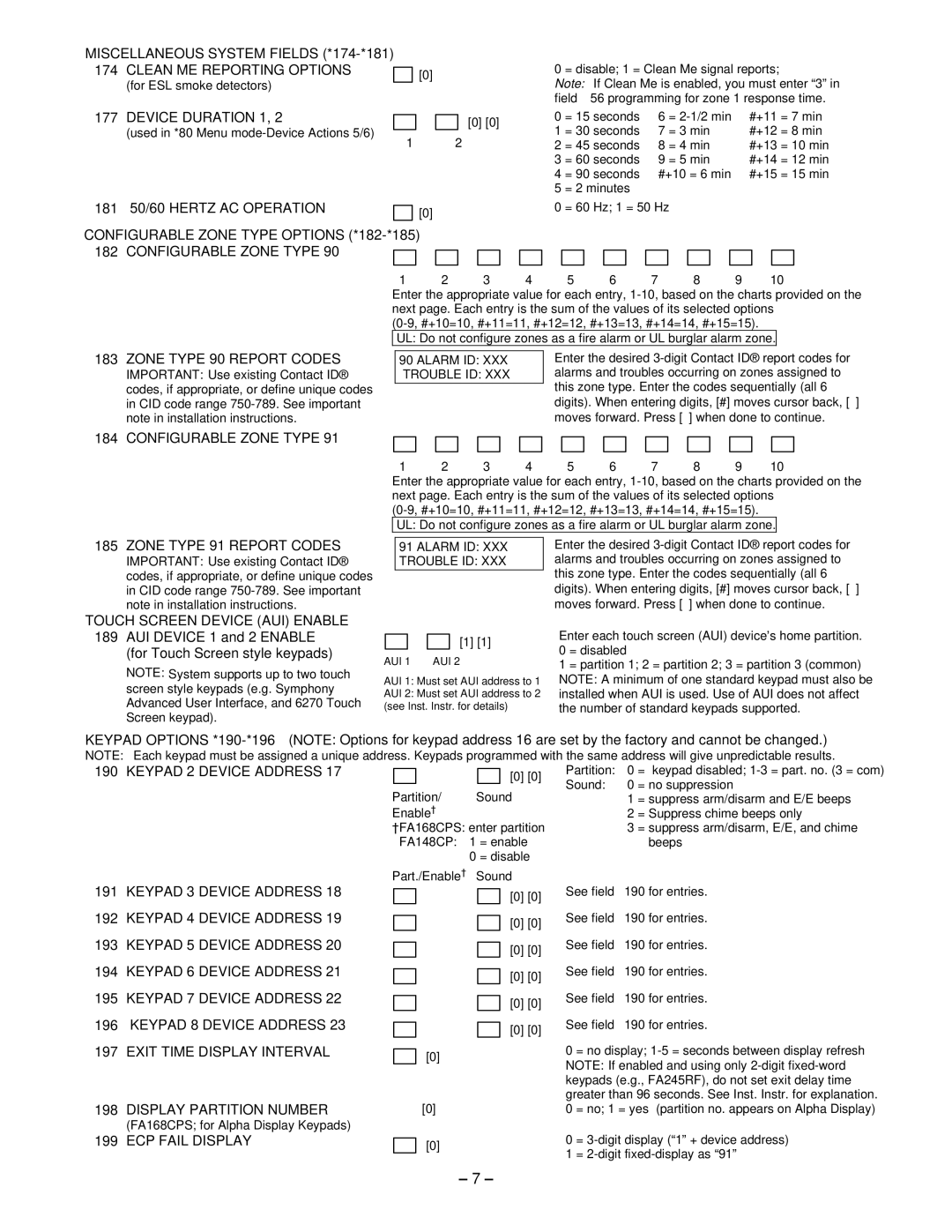 First Alert FA168CPS, FA148CP manual Miscellaneous System Fields *174-*181, Configurable Zone Type Options *182-*185 