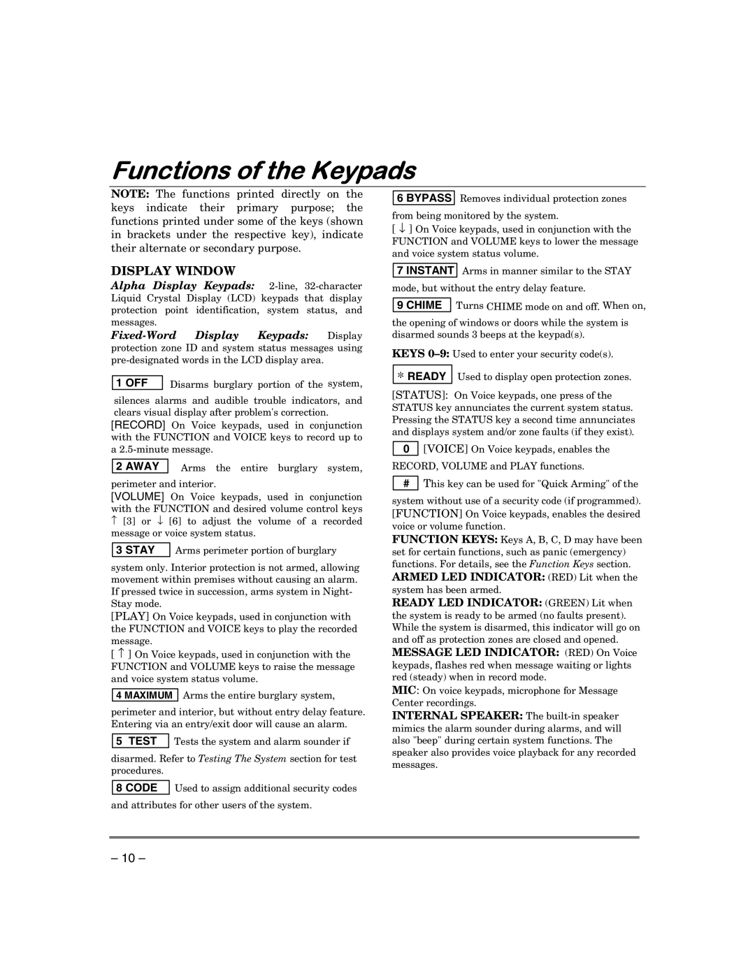 First Alert FA148CPSIA, FA168CPSSIA manual Functions of the Keypads, Display Window 