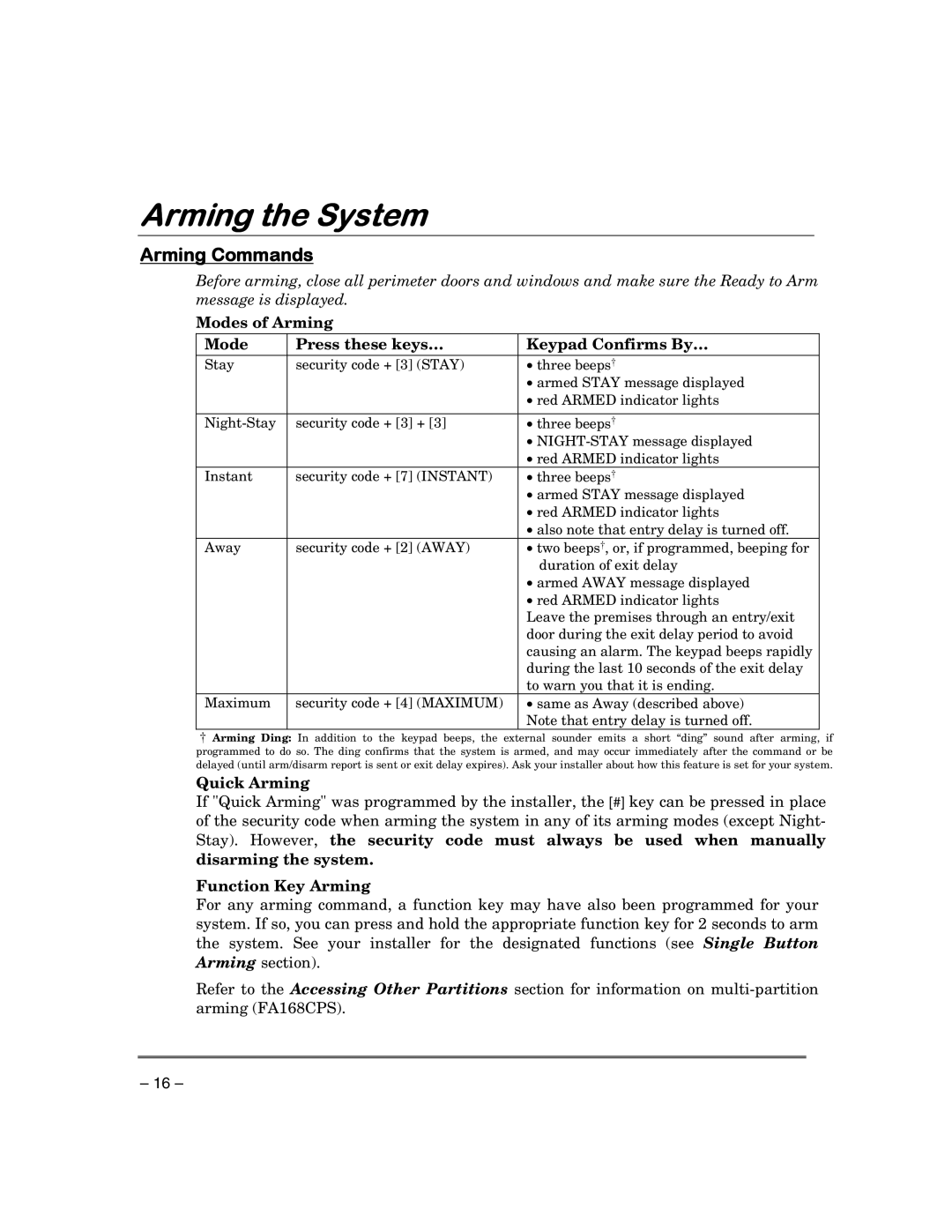 First Alert FA148CPSIA, FA168CPSSIA Arming Commands, Modes of Arming Press these keys… Keypad Confirms By…, Quick Arming 