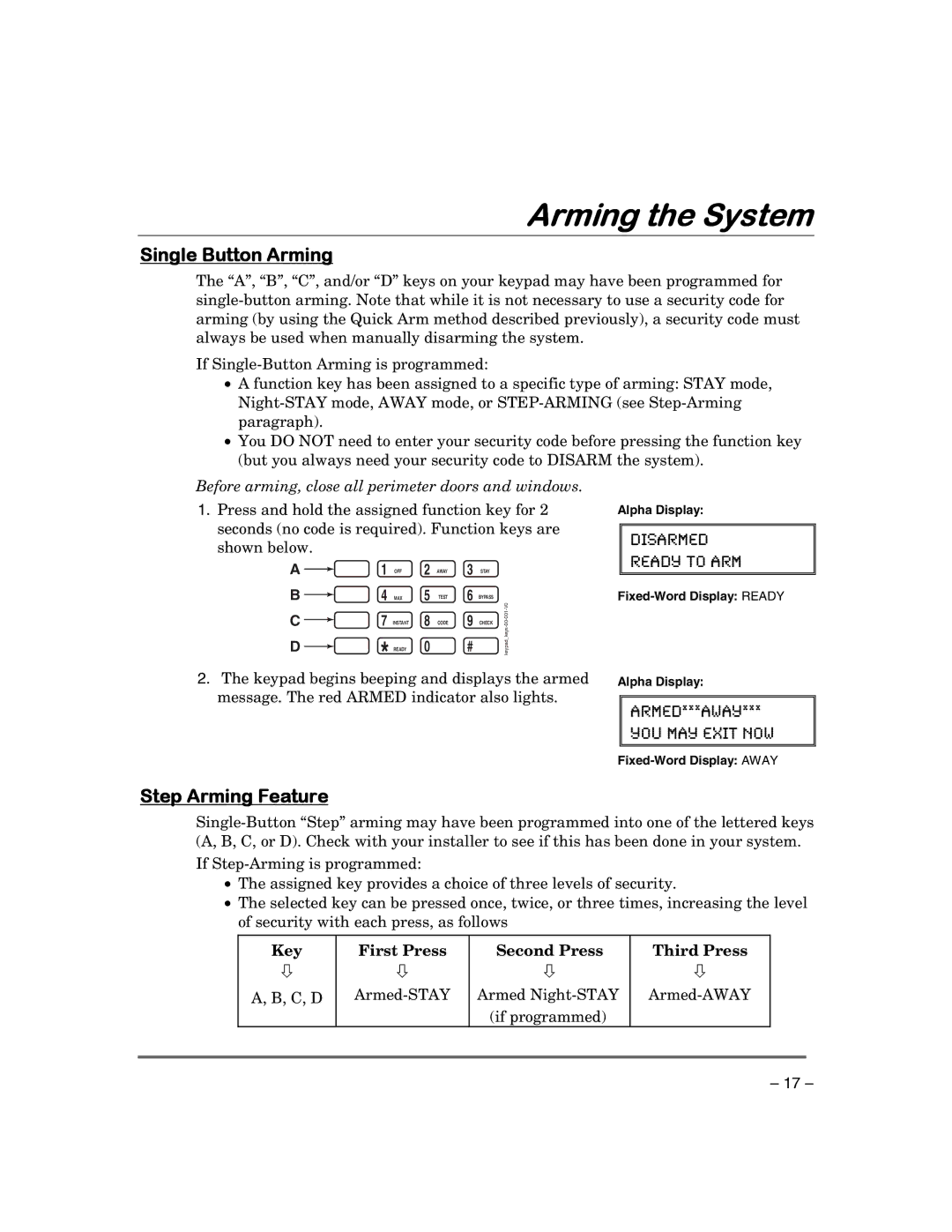 First Alert FA168CPSSIA, FA148CPSIA Single Button Arming, Step Arming Feature, Key First Press Second Press Third Press 