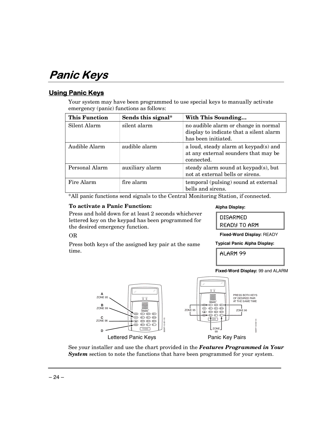 First Alert FA148CPSIA, FA168CPSSIA manual Using Panic Keys, This Function Sends this signal With This Sounding… 