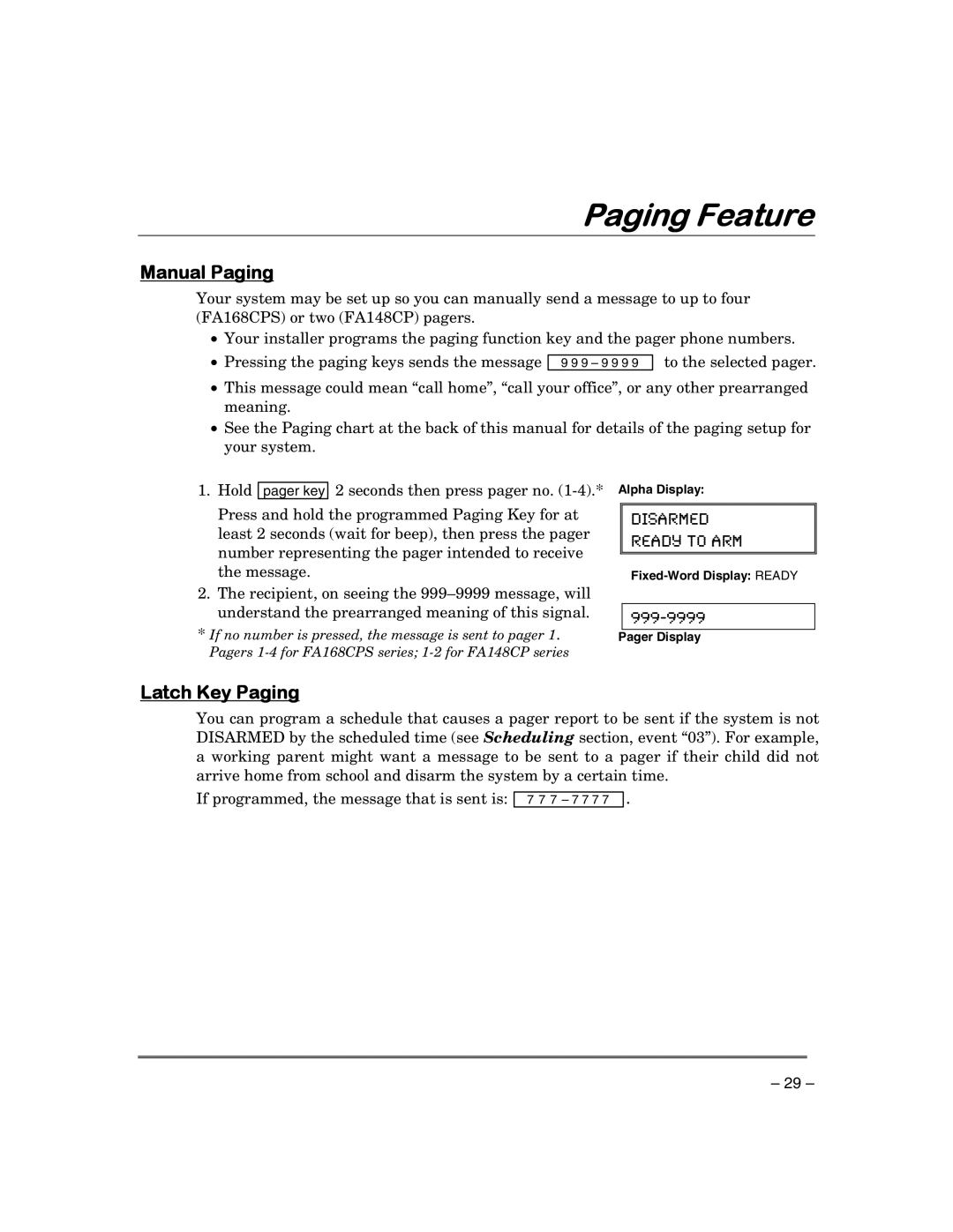 First Alert FA168CPSSIA, FA148CPSIA manual Manual Paging, Latch Key Paging 