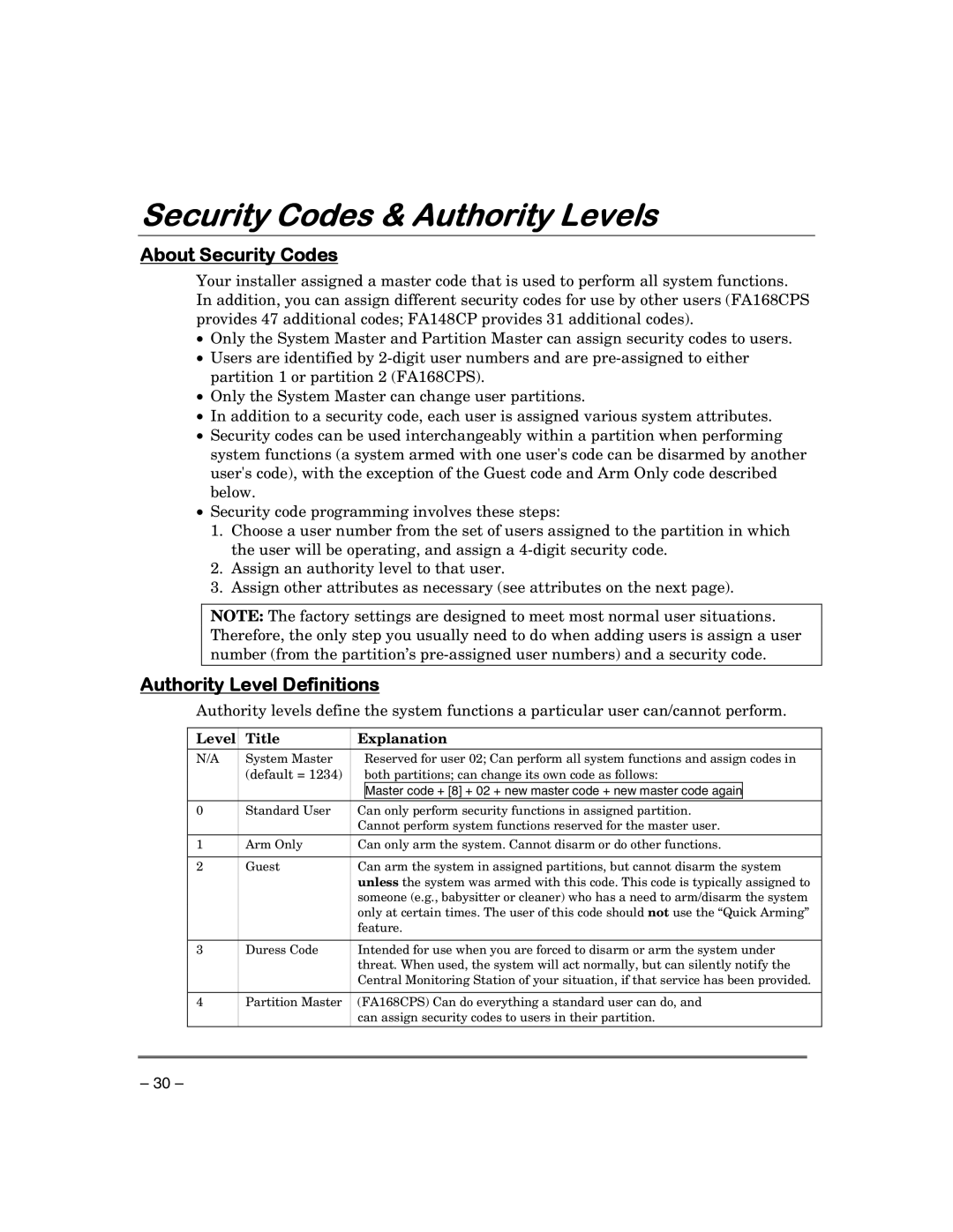 First Alert FA148CPSIA, FA168CPSSIA Security Codes & Authority Levels, About Security Codes, Authority Level Definitions 