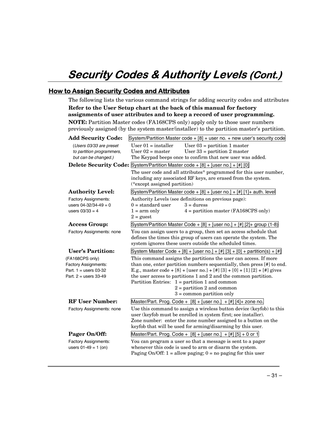 First Alert FA168CPSSIA, FA148CPSIA manual How to Assign Security Codes and Attributes 