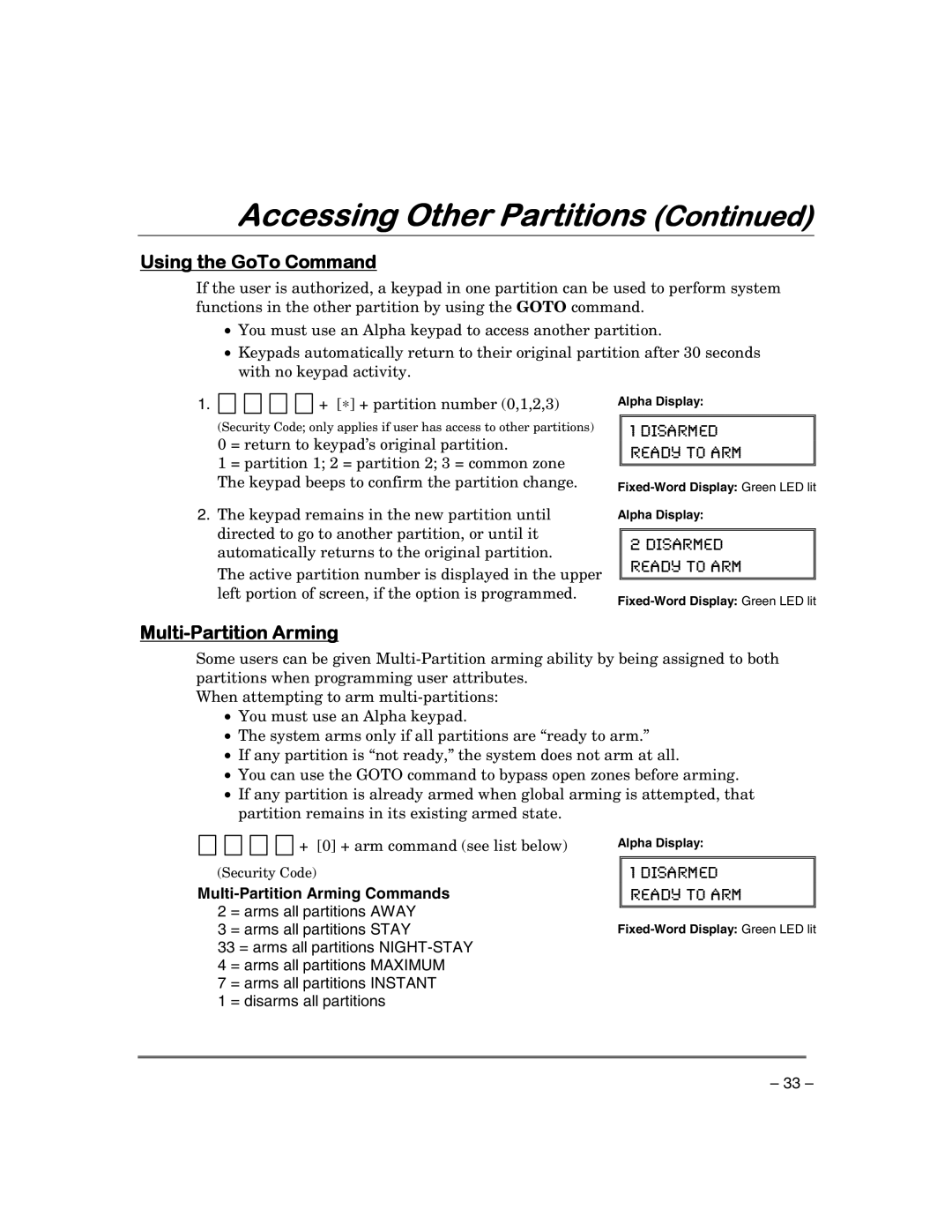 First Alert FA168CPSSIA, FA148CPSIA manual Accessing Other Partitions, Using the GoTo Command, Multi-Partition Arming 