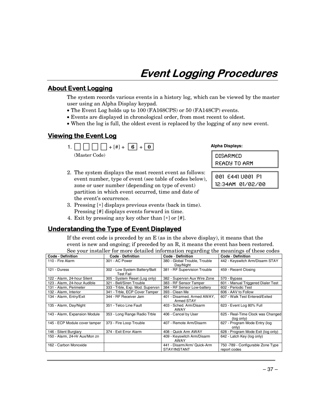 First Alert FA168CPSSIA, FA148CPSIA manual Event Logging Procedures, About Event Logging, Viewing the Event Log 