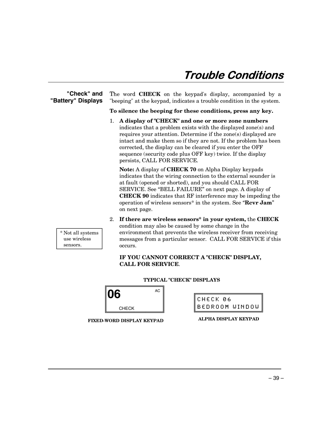 First Alert FA168CPSSIA, FA148CPSIA manual Trouble Conditions, Check and Battery Displays 