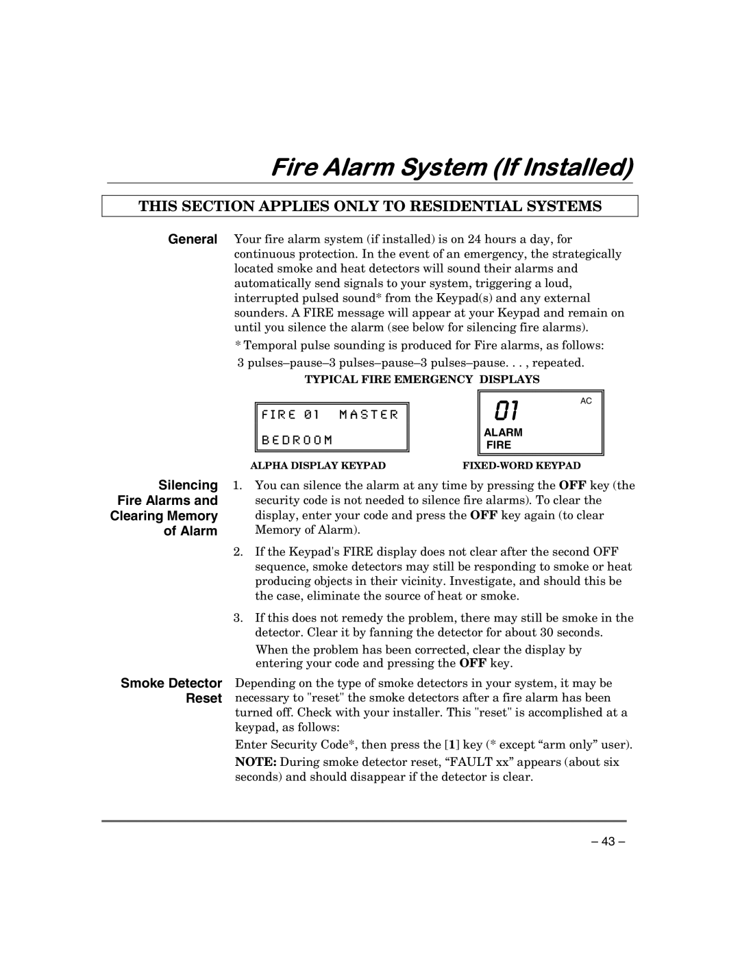 First Alert FA168CPSSIA, FA148CPSIA manual Fire Alarm System If Installed, This Section Applies only to Residential Systems 