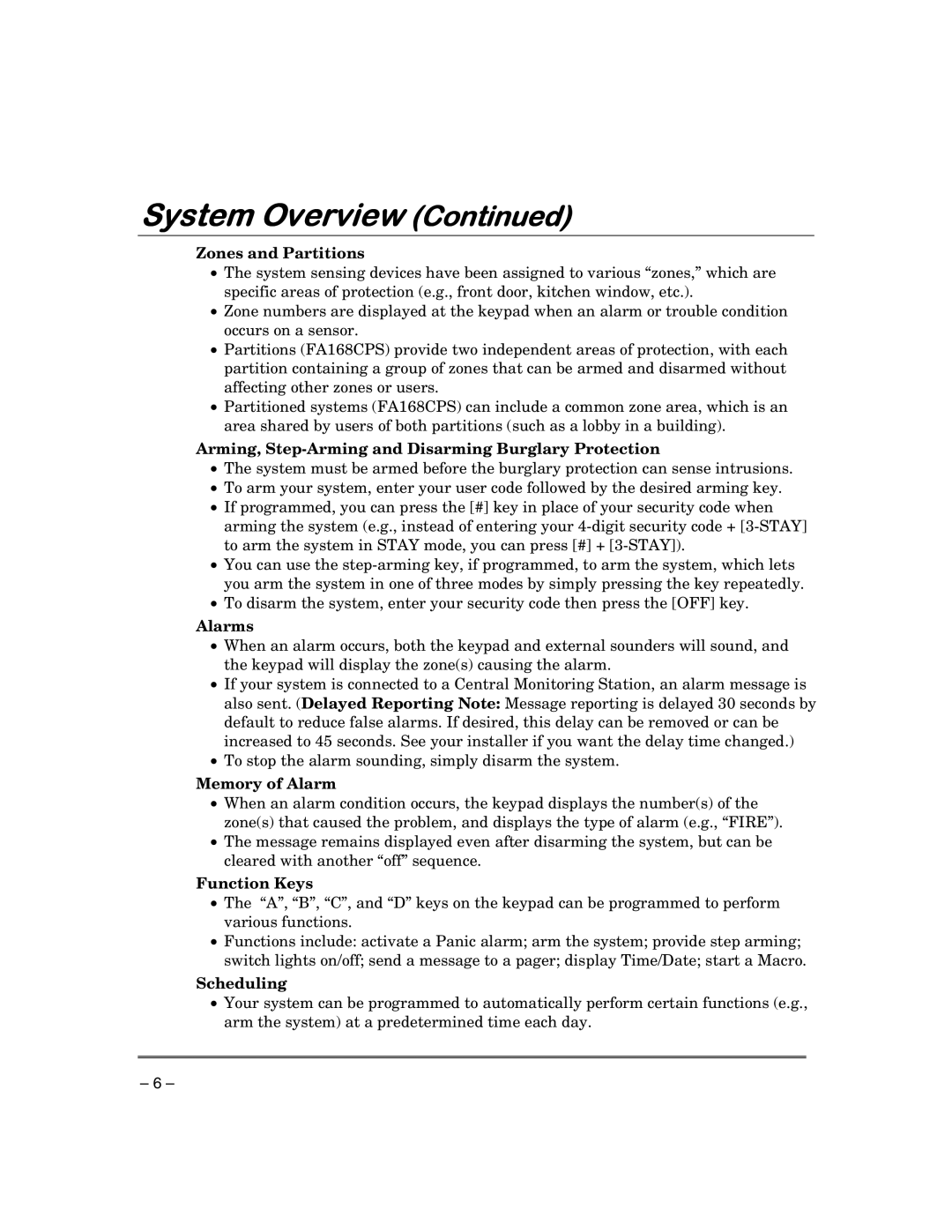 First Alert FA148CPSIA Zones and Partitions, Arming, Step-Arming and Disarming Burglary Protection, Alarms, Function Keys 