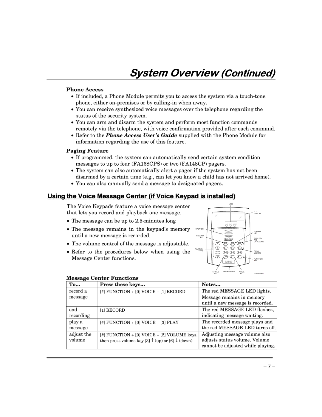 First Alert FA168CPSSIA, FA148CPSIA manual Using the Voice Message Center if Voice Keypad is installed, Phone Access 