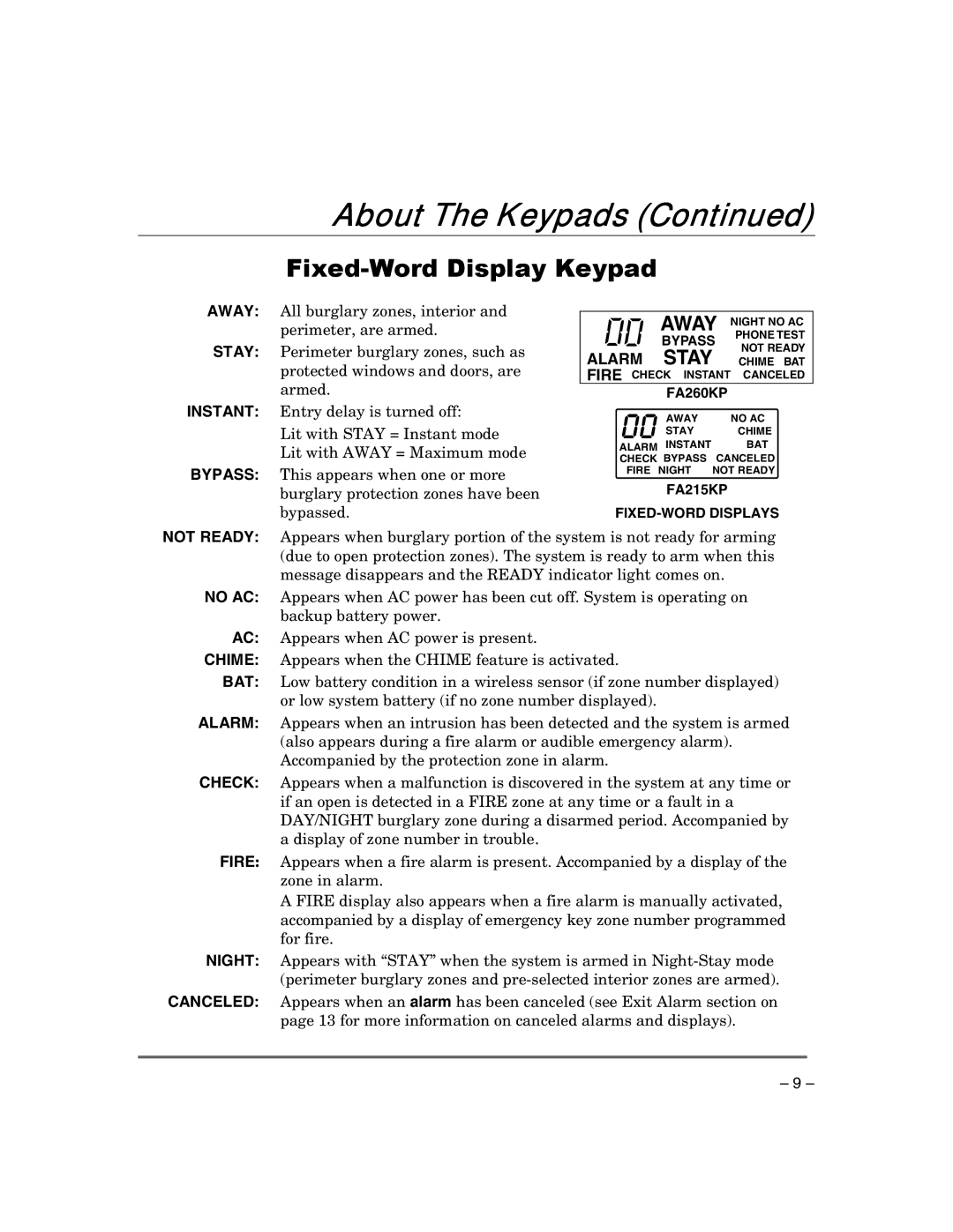 First Alert FA168CPSSIA, FA148CPSIA manual Fixed-Word Display Keypad 