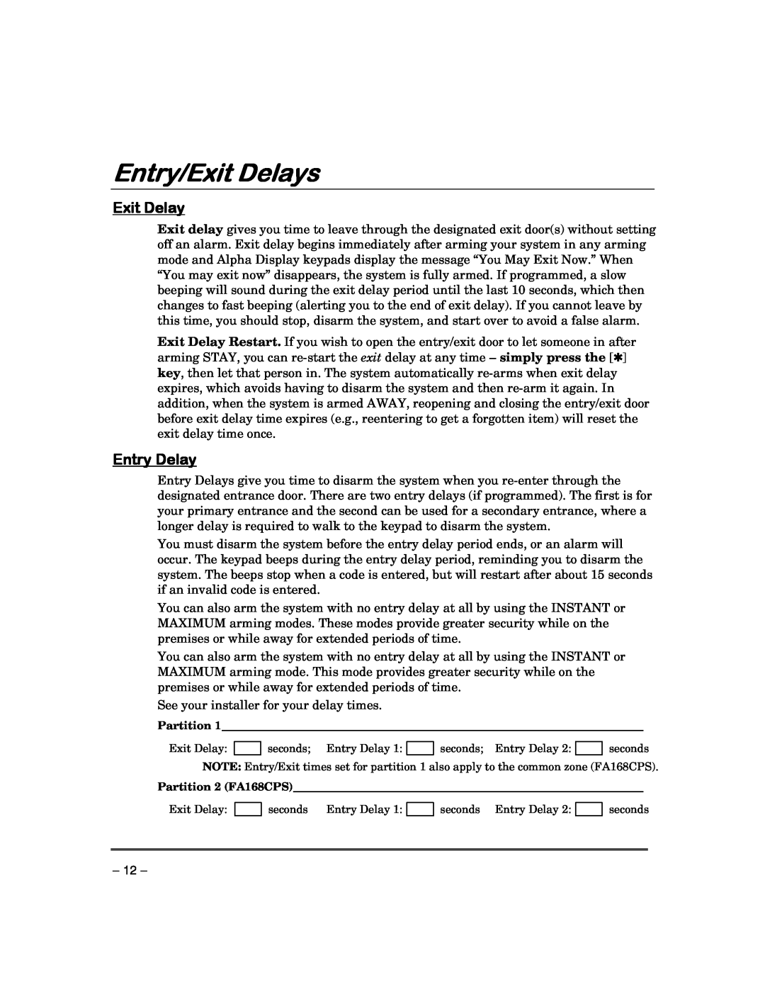 First Alert FA148CPSIA, FA168CPSSIA manual Entry/Exit Delays, Entry Delay 